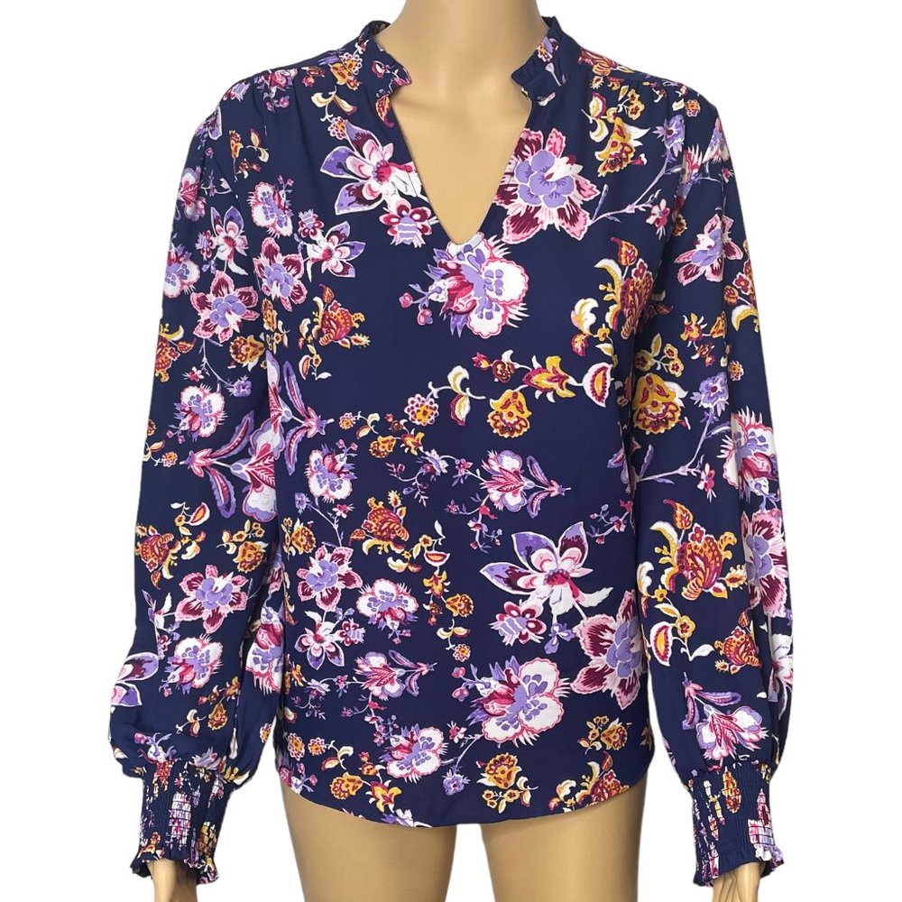 Cooper & Ella Women's L Blue Floral Long Sleeve V-Neck‎ Chiffon Blouse Shirt $59